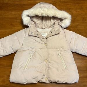 Zara Kids Light Beige Puffer Jacket with Faux Fur Hood